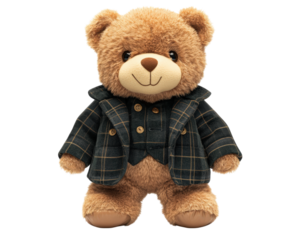 plush teddy bear wearing stylish plaid jacket, exuding charm and warmth, isolated on transparency background. Perfect for gifts or decoration