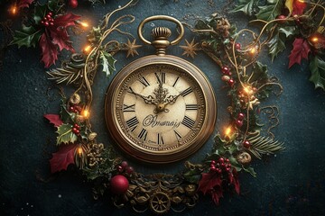 Christmas pocket watch showing almost midnight surrounded by holly and lights