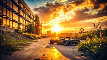 Sunset Silhouette of a Race Car Winner at Abandoned Grand Prix Track