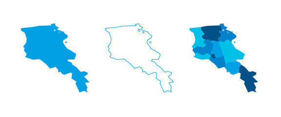 Armenia set of three maps - solid map, outline map and map highlighting administrative divisions. Three distinct maps illustrate various representations of a geographical area.