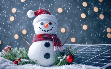 Fototapeta premium A snowman and solar panels together on a festive grey background with winter-themed decorations