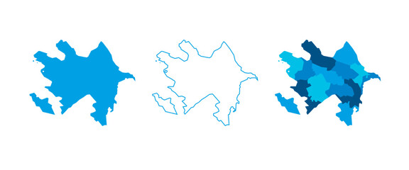 Azerbaijan set of three maps - solid map, outline map and map highlighting administrative divisions. Three distinct maps illustrate various representations of a geographical area.
