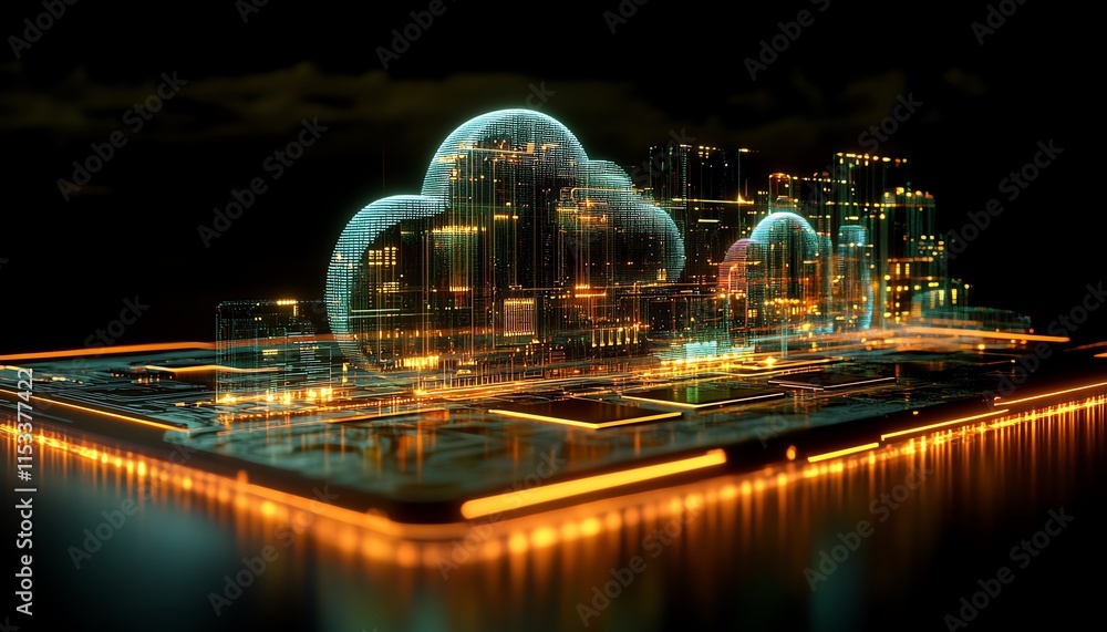 Poster a circuit board with radiant glowing light, representing the cloud computing concept, data storage, 
