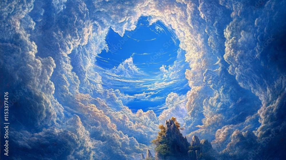 Poster a mesmerizing view of a vibrant blue sky framed by billowing clouds that part, revealing a captivati