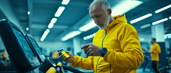 Active Senior Using Smartphone in Modern Gym