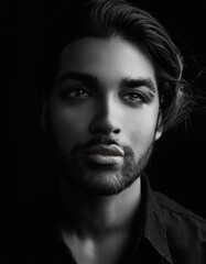 Obraz premium Mystery in Monochrome: A Captivating Black-and-White Portrait