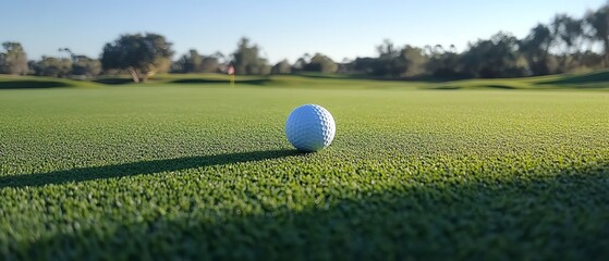 A closeup shot of a golf club and ball positioned on a lush green field, ready for a powerful shot under a clear, bright sky, perfect for sports and lifestyle concepts