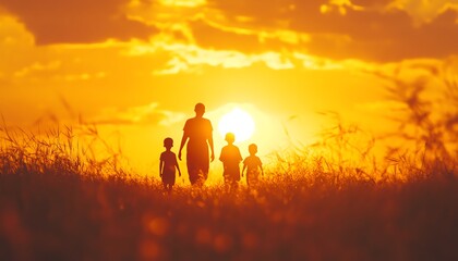 A family of silhouetted figures walking together through a sunsetlit field, filled with warmth, happiness, and peaceful natural beauty