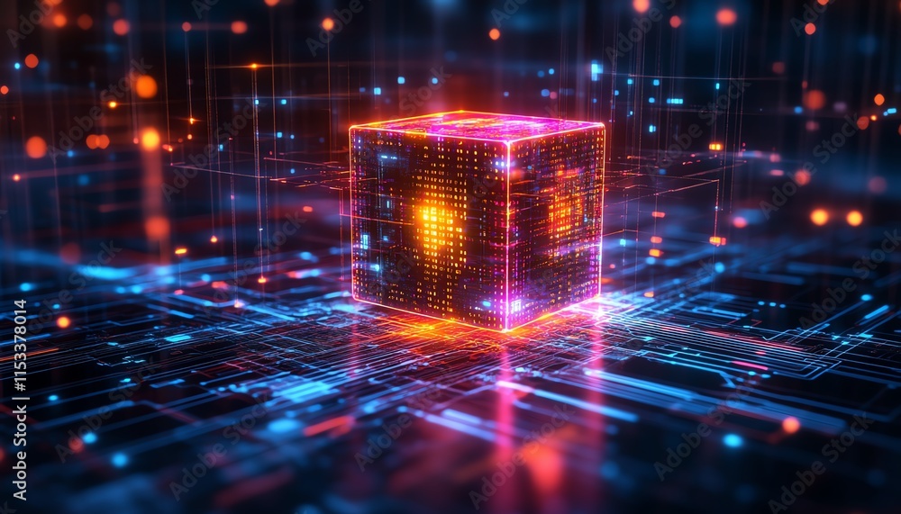 Poster a futuristic glowing cube on a digital circuit board, representing technology and ai, surrounded by 