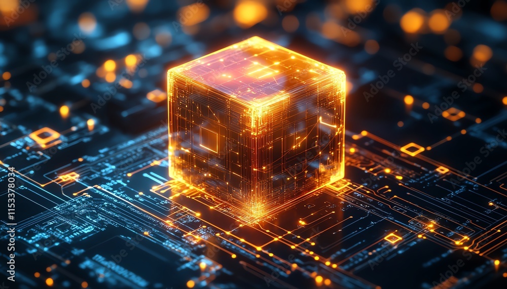 Poster a futuristic glowing cube on a digital circuit board, representing technology and ai, surrounded by 