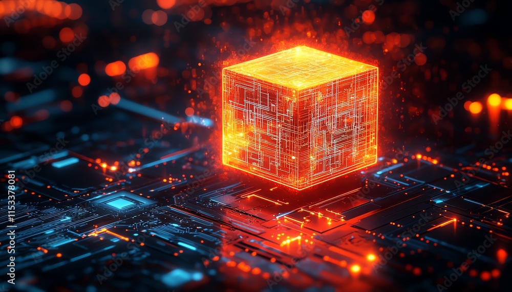 Poster a futuristic glowing cube on a digital circuit board, representing technology and ai, surrounded by 