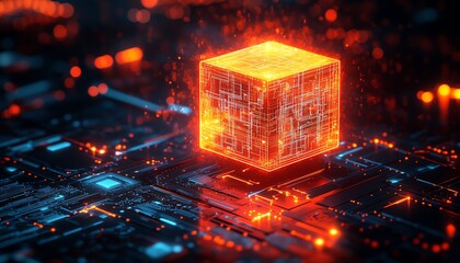 A futuristic glowing cube on a digital circuit board, representing technology and AI, surrounded by glowing lines and data processing symbols