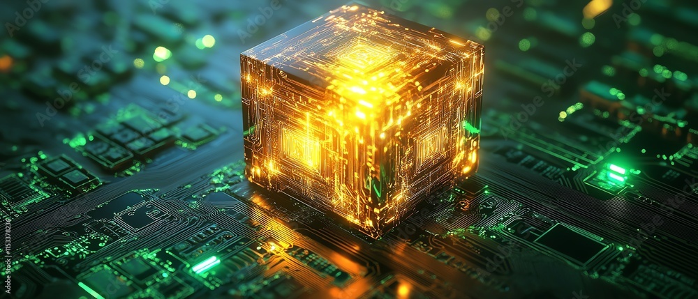 Poster a glowing cube on a digital circuit board, symbolizing ai, technology, and data processing, with vib