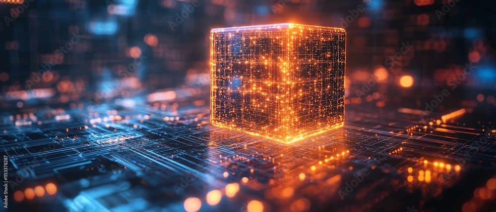 Poster a glowing cube on a digital circuit board, symbolizing ai, technology, and data processing, with vib