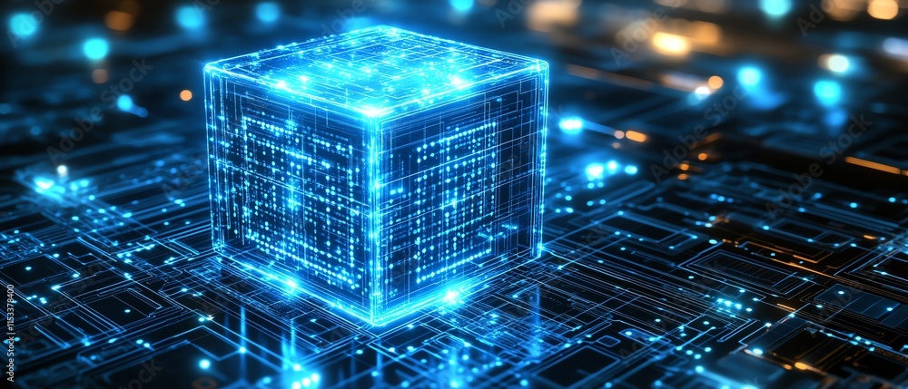 Poster a glowing cube on a digital circuit board, symbolizing ai, technology, and data processing, with vib