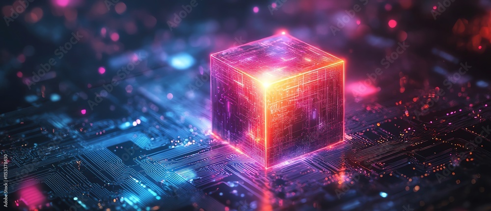 Poster a glowing cube on a digital circuit board, symbolizing ai, technology, and data processing, with vib