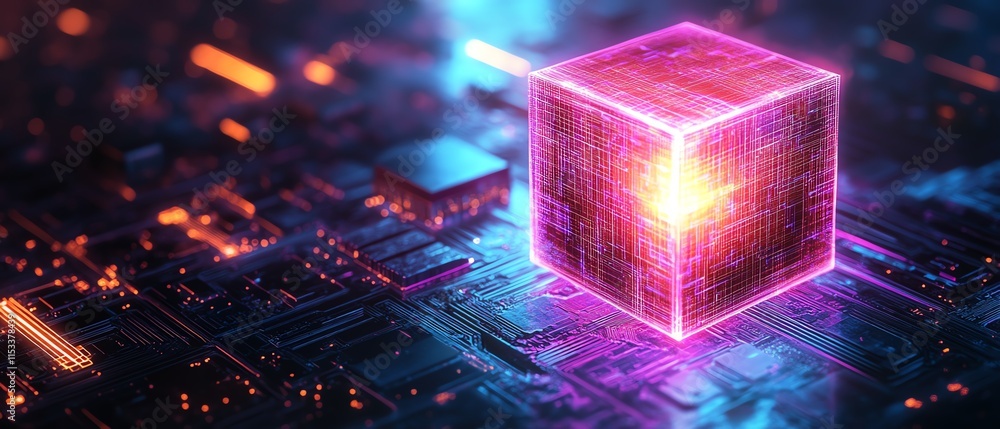 Aufkleber a glowing cube on a digital circuit board, symbolizing ai, technology, and data processing, with vib