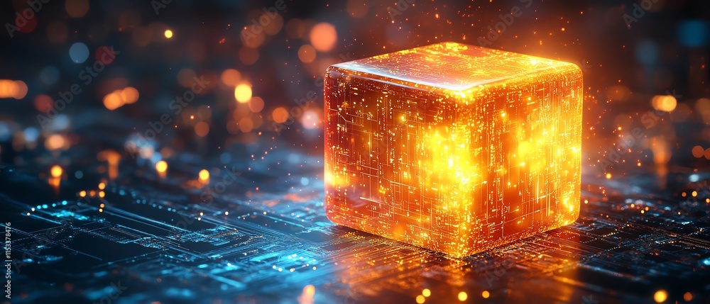 Aufkleber a glowing cube on a digital circuit board, symbolizing ai, technology, and data processing, with vib