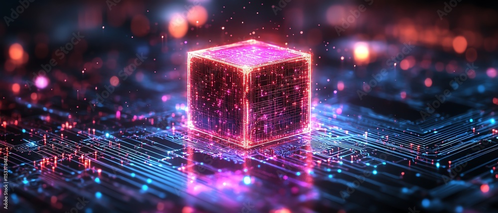 Poster a glowing cube on a digital circuit board, symbolizing ai, technology, and data processing, with vib