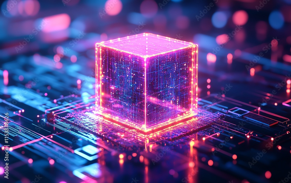 Poster a glowing, hightech cube on a digital circuit board, symbolizing ai and data processing, surrounded 