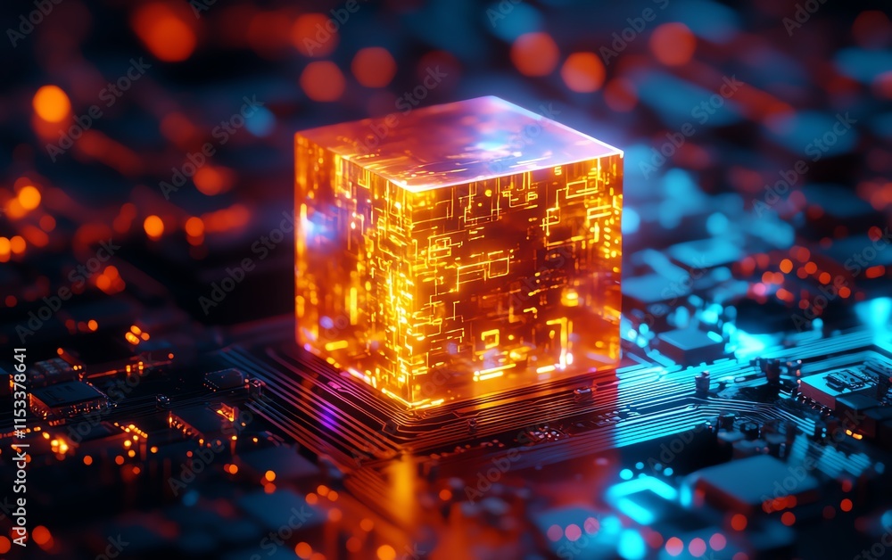 Poster a glowing, hightech cube on a digital circuit board, symbolizing ai and data processing, surrounded 