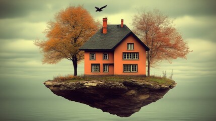 Floating house on island, autumn.