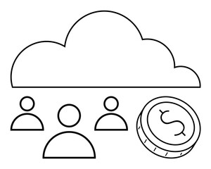 Cloud outline with dollar coin and three people icons. Ideal for digital transformation, teamwork, financial services, online collaboration, cloud storage, technology, and web, v11 services. Line