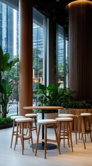 Fototapeta premium Blank A4 poster is showcased in a restaurant window, featuring a photorealistic city street, inviting patrons to explore