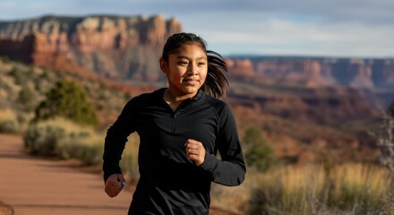 Fototapeta premium Young asian female jogger enjoying scenic mountain landscape for health and fitness inspiration