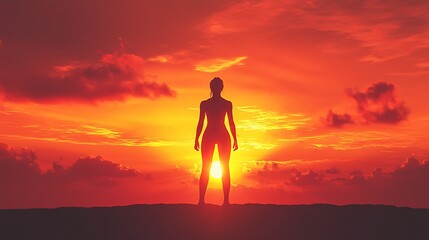Woman Silhouetted Against Vibrant Sunset Sky