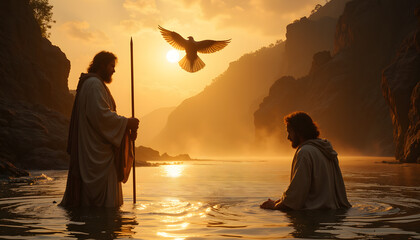 Spiritual scene of baptism in the Jordan River with a dove descending, soft golden light illuminating the moment