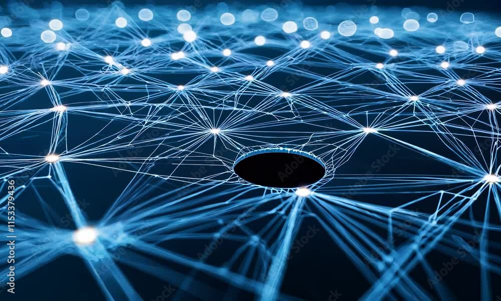Poster a close-up view of a digital network with interconnected lines and glowing nodes, featuring a centra