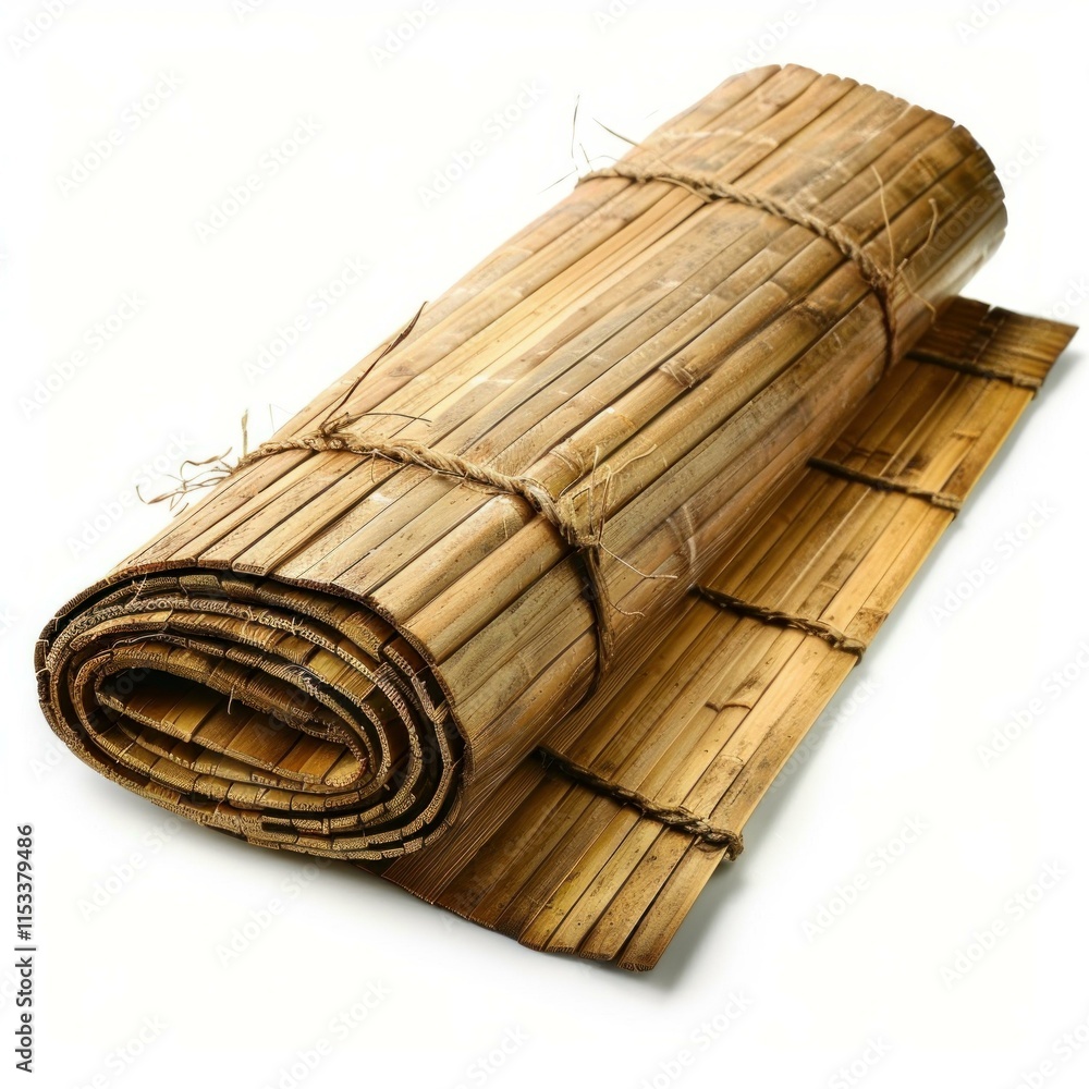 Poster bamboo mat rolled up and tied with twine, isolated on white background, creating a rustic and natura