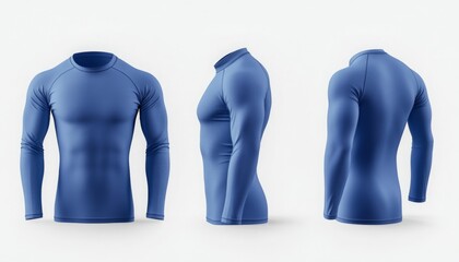 blank blue long sleeve rash guard mockup front side and back view.	
