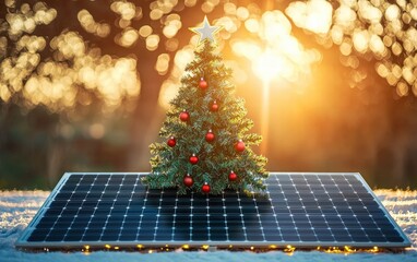 christmass tree and solar panel on bright background