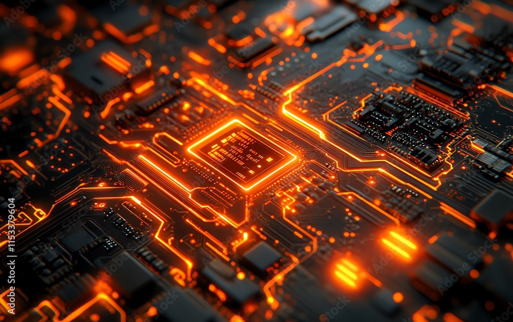 Poster a hightech circuit board with glowing light and cloud computing symbols, illustrating the connection