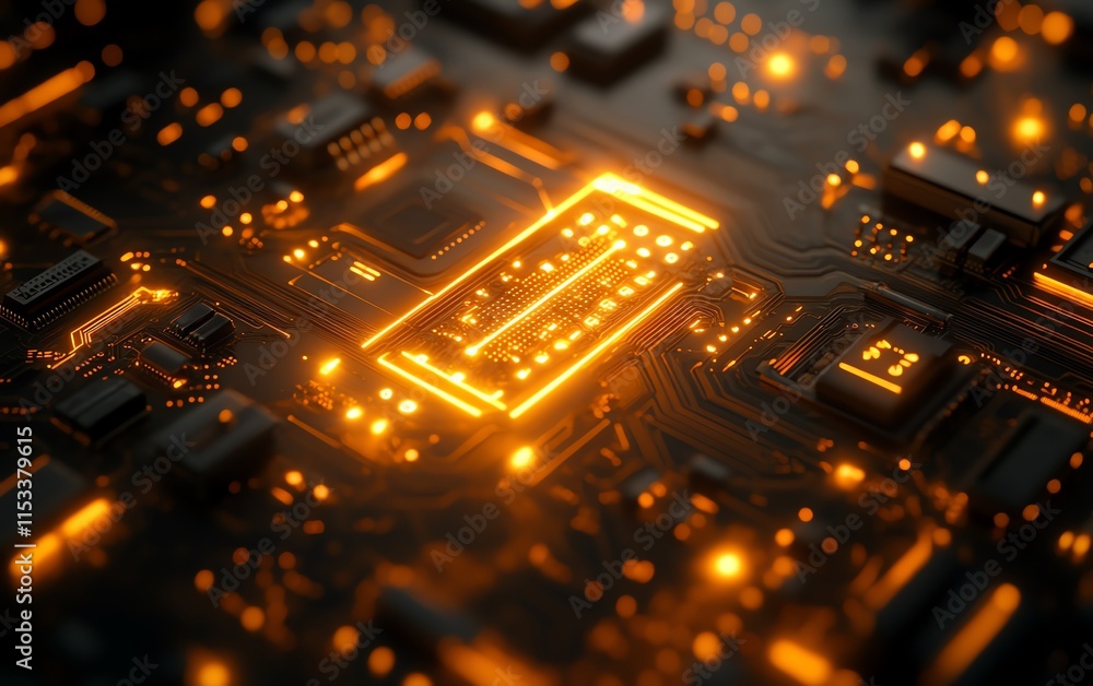 Poster a hightech circuit board with glowing light and cloud computing symbols, illustrating the connection