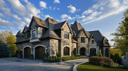 Fototapeta premium Modern Luxury Residence in French Country Style with Expansive Landscape and Blue Sky Background