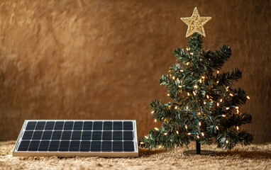 christmass tree and solar panel on brown background