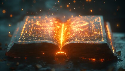 A mystical open book with radiant, glowing magical symbols and an ethereal light aura, creating a captivating, fantasyinspired atmosphere