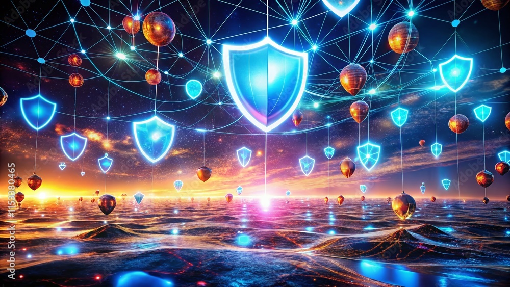Poster surreal cybersecurity landscape: protecting data from malware attacks