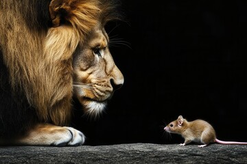 Big lion and small rat facing each other on dark background © alphaspirit