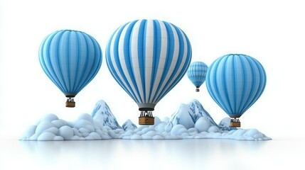 Sky Balloons. Blue striped hot air balloons flying over icy mountains