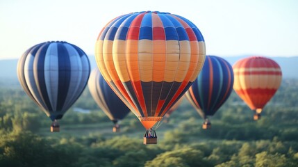 Sky Balloons. Colorful hot air balloons flying over green forest lands