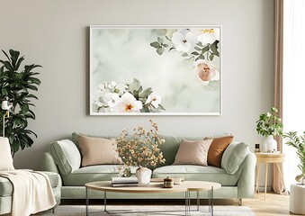 A white poster frame is hanging on the wall of an elegant living room with a green sofa, table, and potted plant. The interior design features modern style, a beige carpet, and light colors.