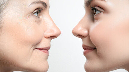Senior and Young Woman Smiling at Each Other with Clear Skin