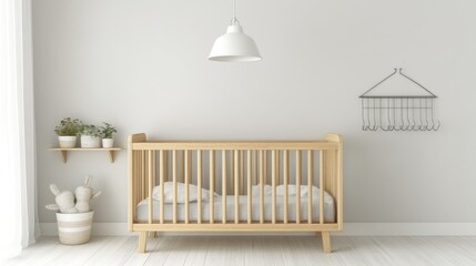 Minimalist baby nursery with crib, plants, and wall hooks.