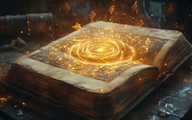 An open book with luminous magical symbols and an ethereal light aura, creating a mysterious, enchanting vibe in a fantasy world © Itsaree 