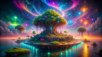 Surreal Dreamscape:  Floating Island with Neon Neu Network
