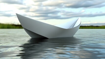 Paper Sailboat. White paper boat floating on water calm river nature l